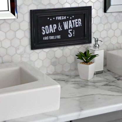CVHOMEDECO. Primitives Vintage Bath Advertising Wall Frame Wooden Wall Hanging Decoration Art, Bathroom Restroom Decor, 13.75 x 8.75 Inch, Black