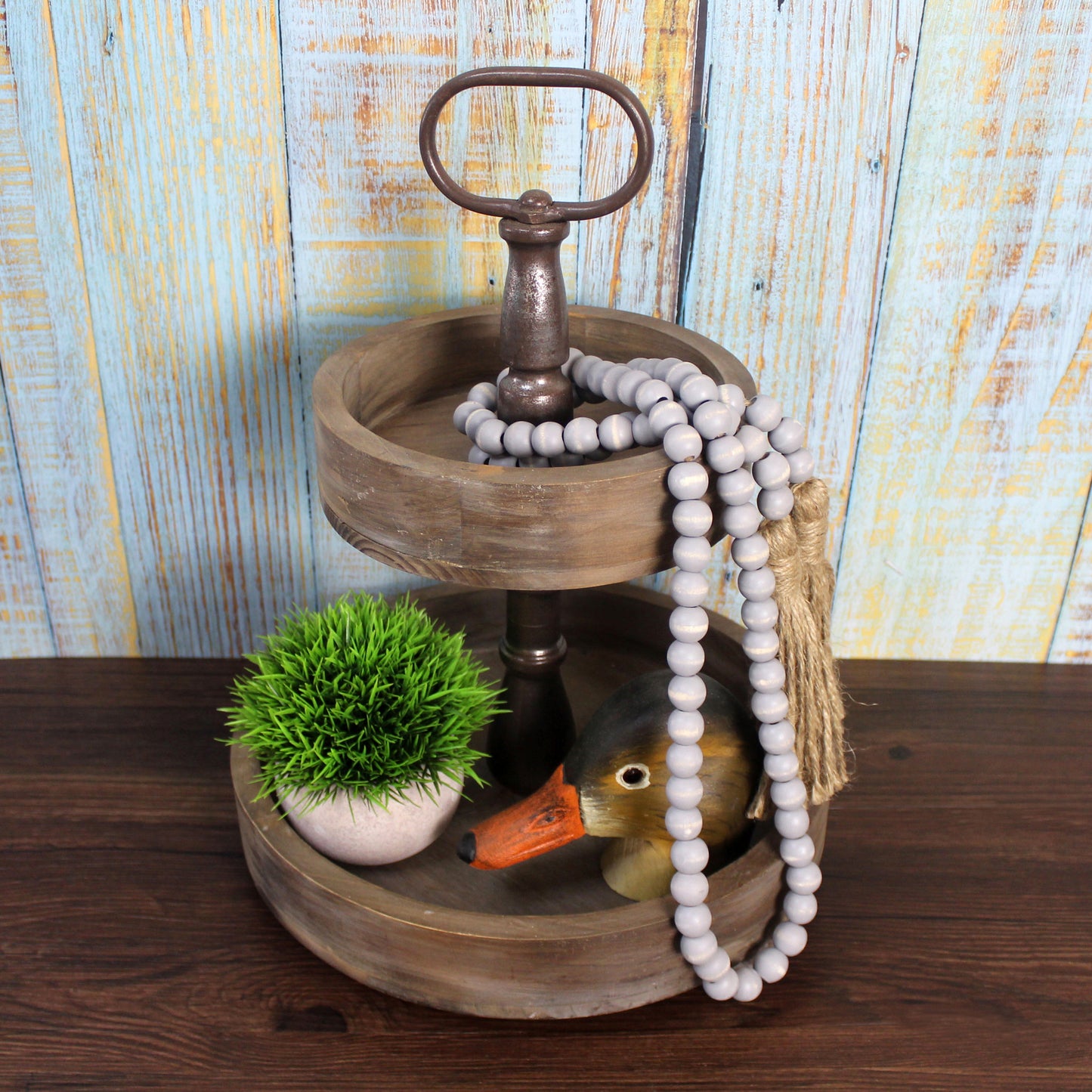 CVHOMEDECO. Wood Beads Garland with Tassels Farmhouse Rustic Wooden Prayer Bead String Wall Hanging Accent for Home Festival Decor. Grey Distressed