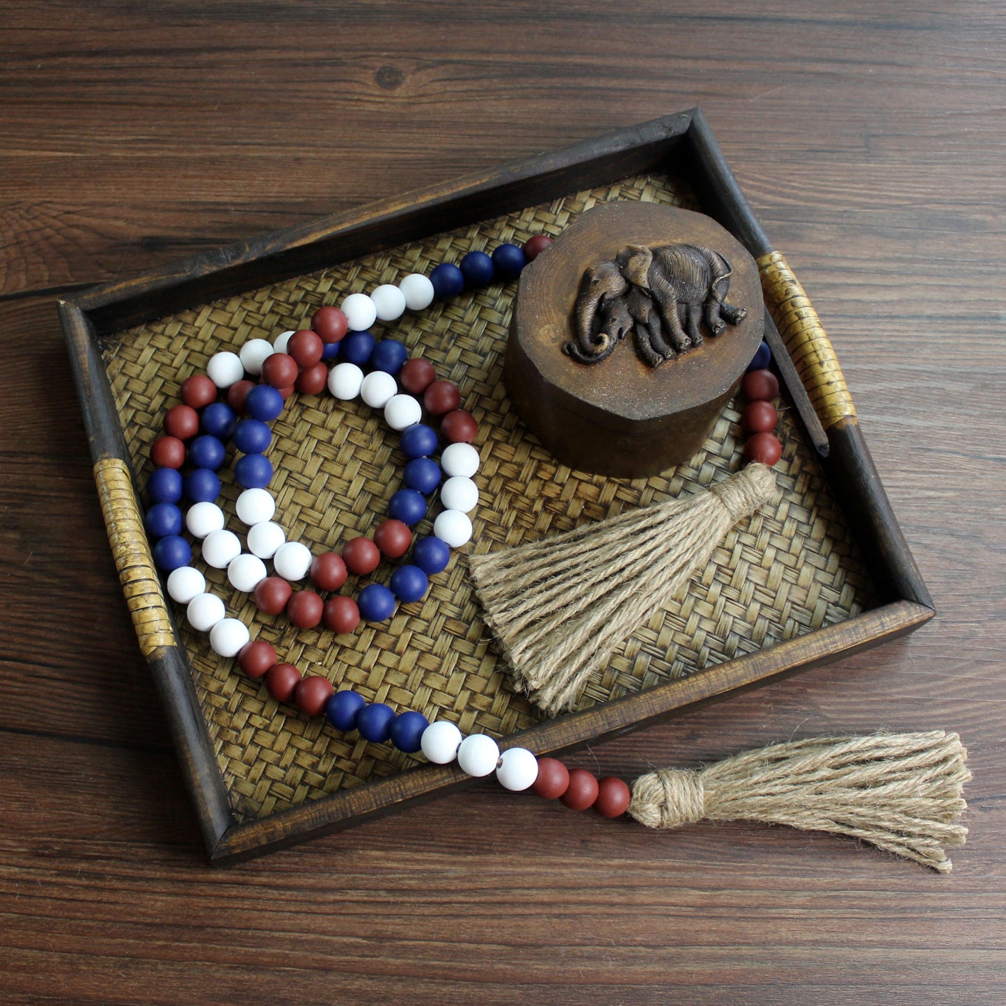 CVHOMEDECO. Wood Beads Garland with Tassels Farmhouse Rustic Wooden Prayer Bead String Wall Hanging Accent for Home Festival Decor. Mix