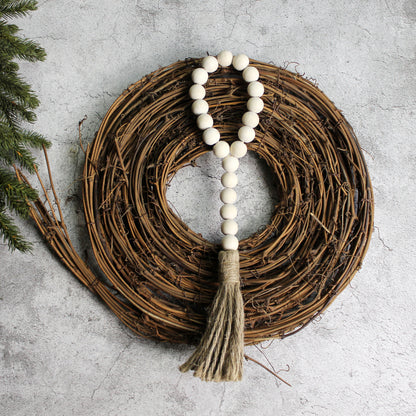CVHOMEDECO. Wood Beads Garland with Tassels 3 PCS Farmhouse Rustic Wooden Prayer Bead String Wall Hanging Accent for Home Festival Decor. Natural