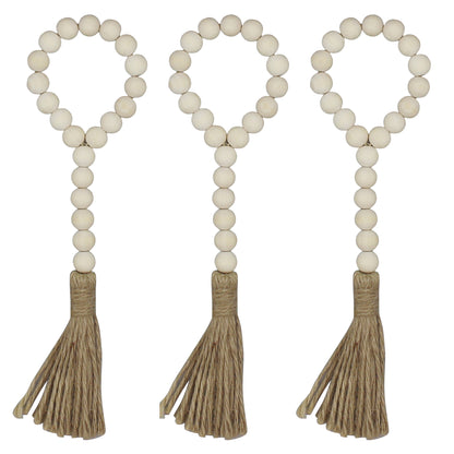 CVHOMEDECO. Wood Beads Garland with Tassels 3 PCS Farmhouse Rustic Wooden Prayer Bead String Wall Hanging Accent for Home Festival Decor. Natural