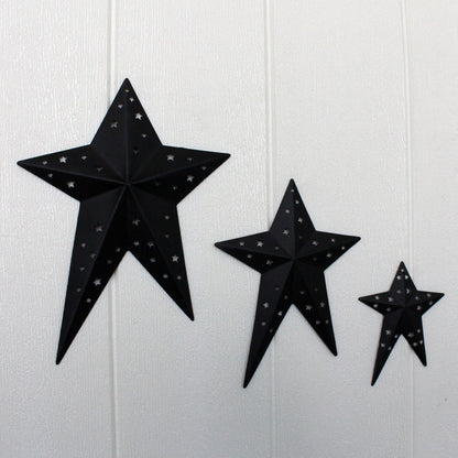 CVHOMEDECO. Primitives Rustic Vintage Gifts Black Punched Metal Barn Stars for Wall/Wreaths/Twigs Decor, 8/6/4 Inch, Set of 3