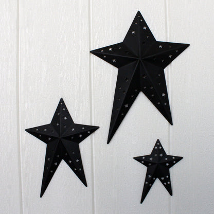 CVHOMEDECO. Primitives Rustic Vintage Gifts Black Punched Metal Barn Stars for Wall/Wreaths/Twigs Decor, 8/6/4 Inch, Set of 3