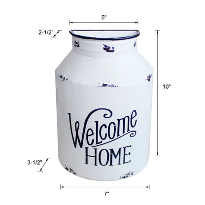 CVHOMEDECO. Primitive Rustic Galvanized Tin Half Round Jug Vase Metal Wall Hanging Flower Holder for Home and Garden Decor, Vintage White