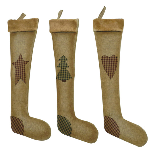 CVHOMEDECO. Country Rustic Design 18 Inch Christmas Tree Hanging Stockings Vintage Star, Tree, Heart Xmas Hanging Decoration Gifts, 3 Assorted.