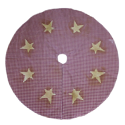 CVHOMEDECO. Country Rustic 50 Inch Christmas Tree Skirt Double Layers Burgundy Plaid Stitching Eight Burlap Stars for Christmas Holiday Party Décor.