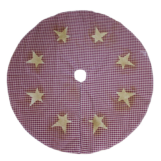 CVHOMEDECO. Country Rustic 50 Inch Christmas Tree Skirt Double Layers Burgundy Plaid Stitching Eight Burlap Stars for Christmas Holiday Party Décor.