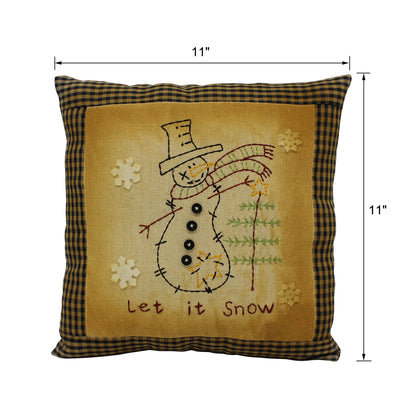 CVHOMEDECO. Primitives Let It Snow Embroidered Throw Pillow with Snowman Snowflake Tree Farmhouse Accent. 11 x 11 Inch