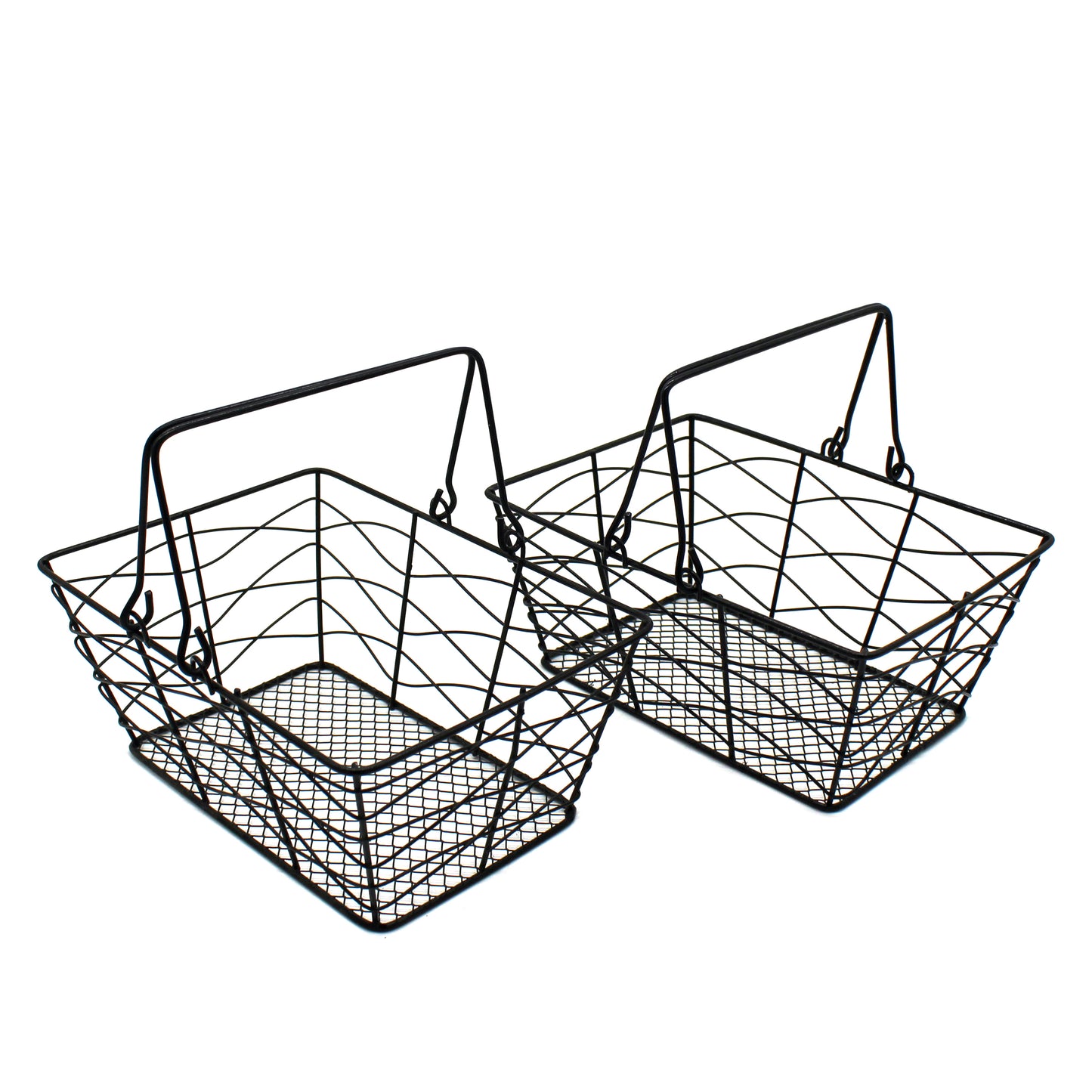 CVHOMEDECO. Metal Wire Fruit Baskets Egg Baskets Gathering Baskets with Handle Country Antique Storage Baskets. Black, Set of 2