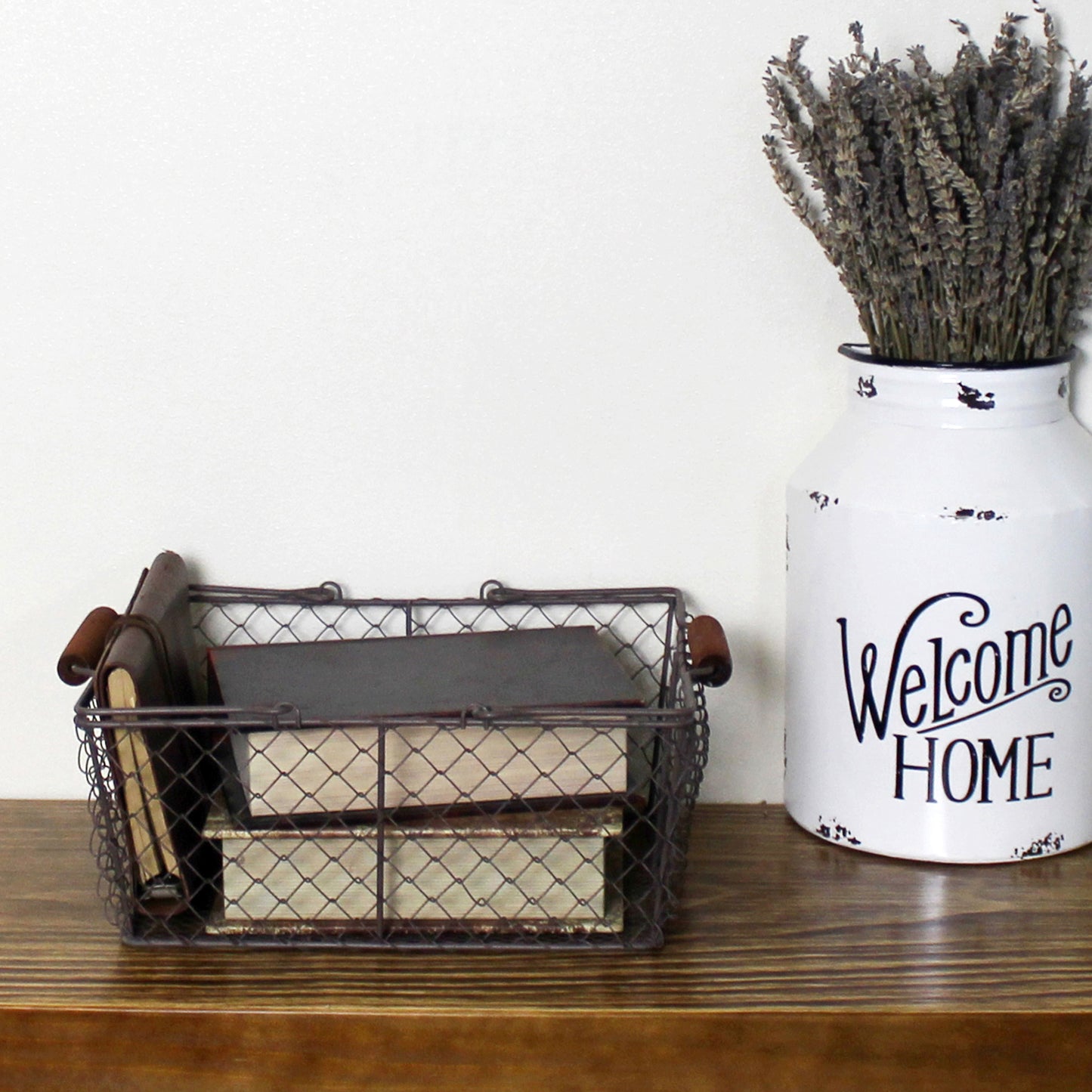 CVHOMEDECO. Primitive Chicken Wire Gathering Baskets with Wood Handle Rectangular  Farmhouse Storage Baskets Set, Rusty, Set of 3
