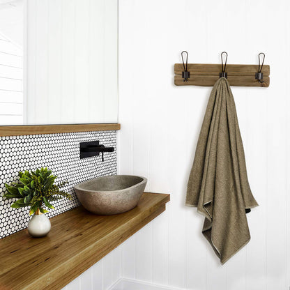 CVHOMEDECO. Rustic Solid Wood Wall Mounted Coat Rack with 3 Double Hooks Primitives Wooden Coat Hooks for Entryway, Kitchen, Bathroom. Brown.
