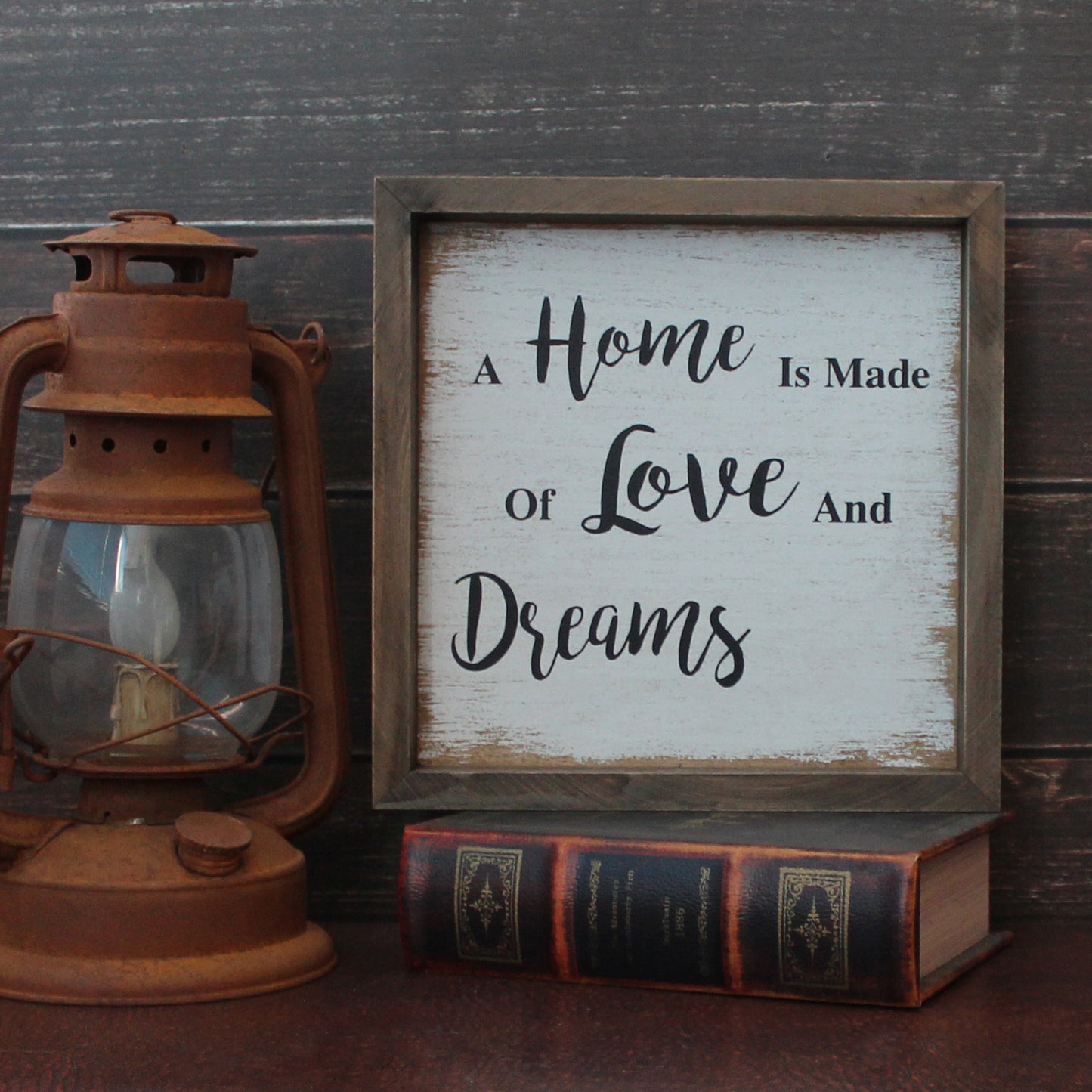 CVHOMEDECO. Vintage Distressed "A home is made of love and dreams" Shadow Box Frame Wall Mounted Hanging Decor Art, 9.75 x 9.75 Inch