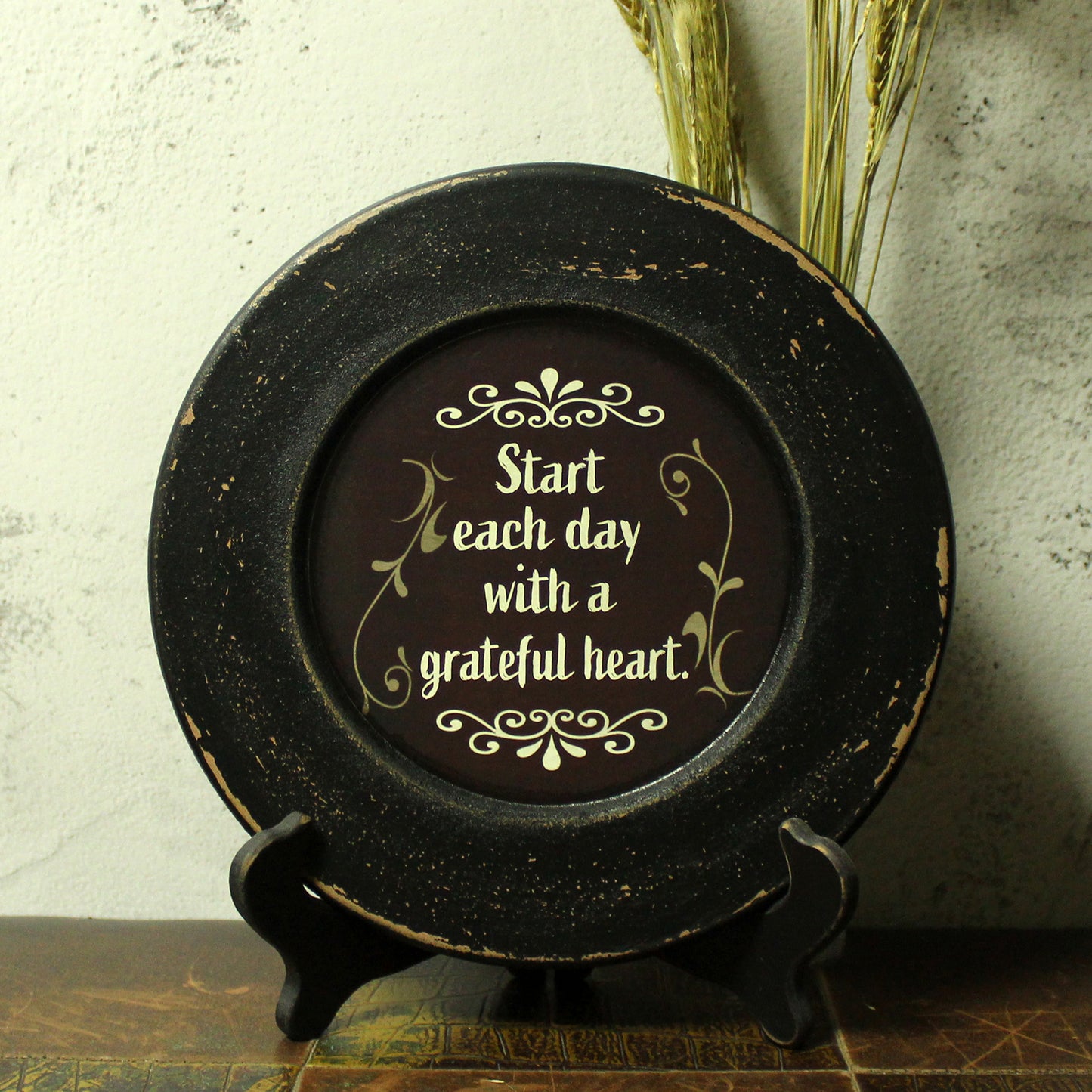 CVHOMEDECO. Primitives Start with Grateful Wood Decorative Plate Display Wooden Plate Home Décor Art, 10.75 Inch